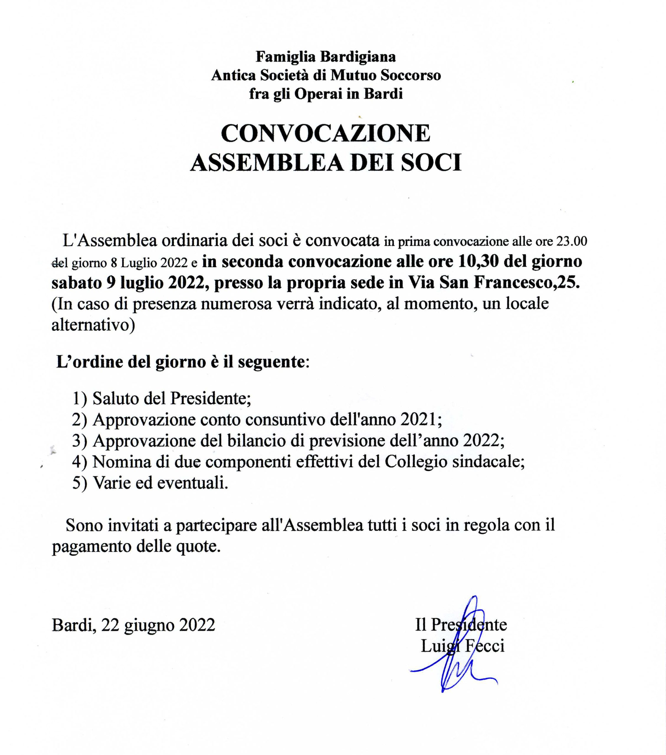Convocazione Assemblea del 9 luglio 2022